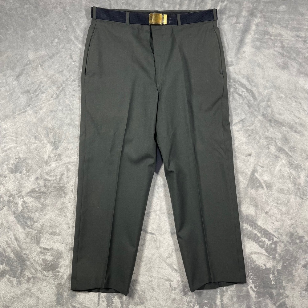 US Military Dress Trousers 35R Wool blend Green Uniform‎ Pants Belt Brass Buckle